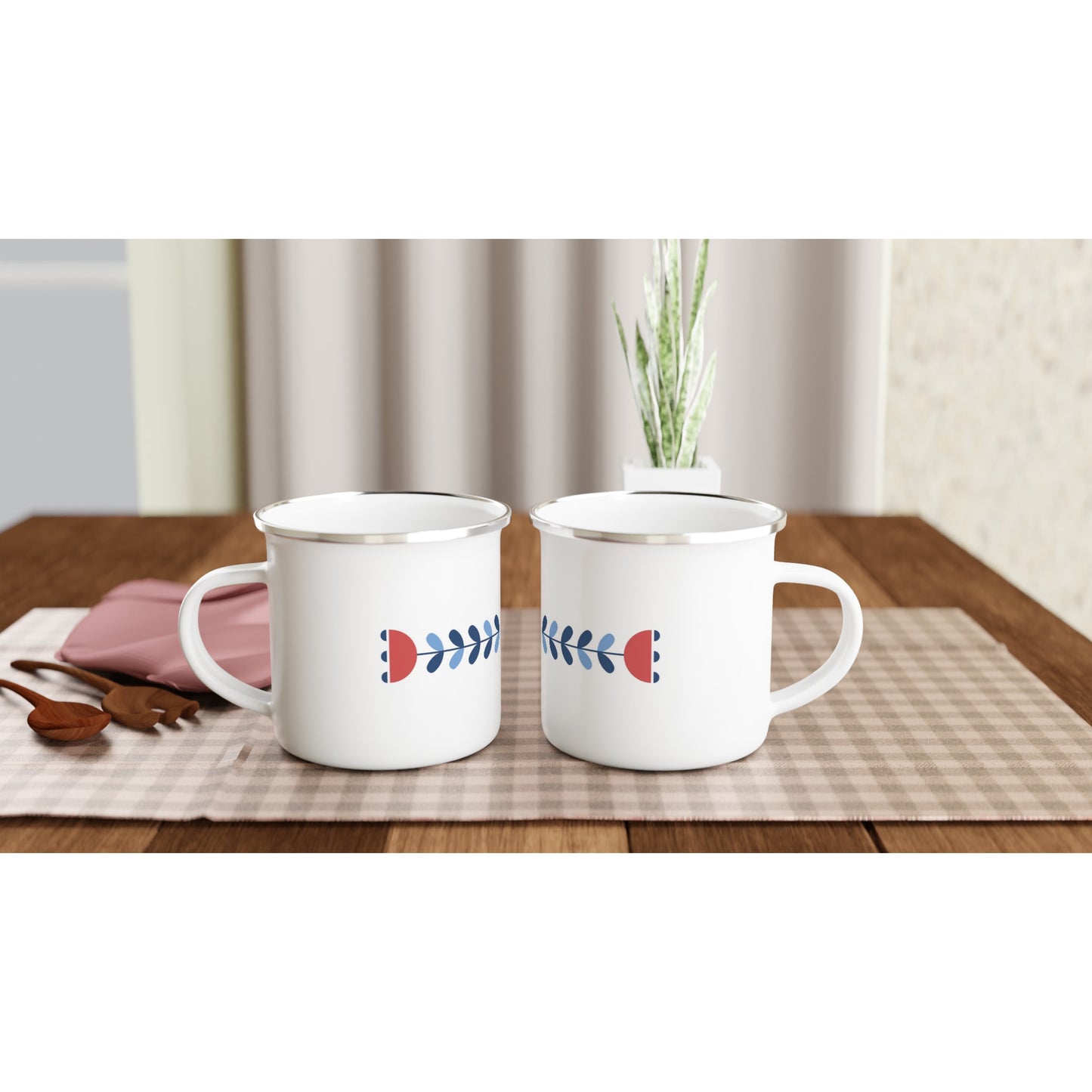 White-Red-and-Blue-Flower-Enamel-Mug-on-table